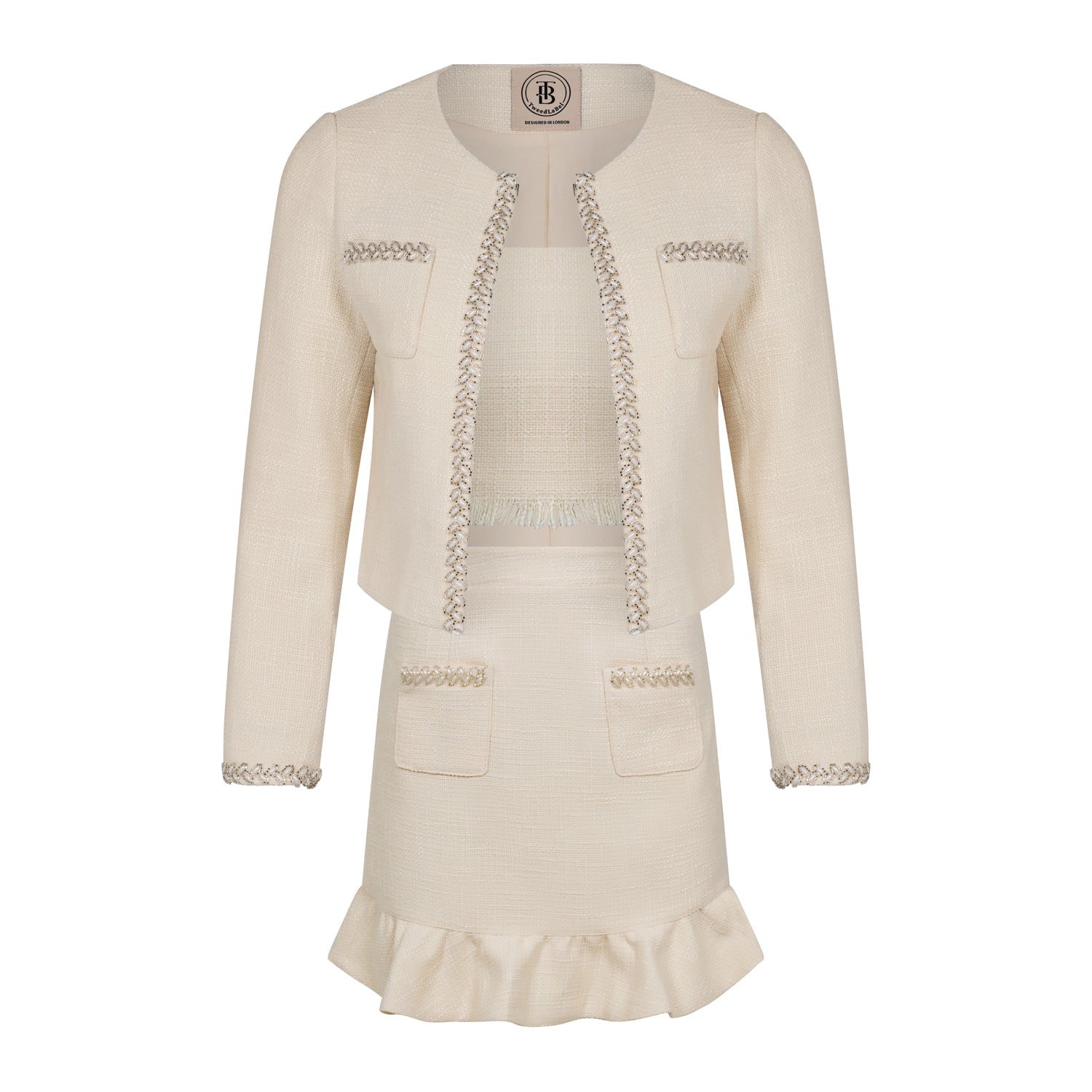 Ariana Cream Tweed Three - Piece Set with Cropped Jacket & Ruffle Skirt - TweedLaBelAriana Cream Tweed Three - Piece Set with Cropped Jacket & Ruffle Skirttweedjackettweed