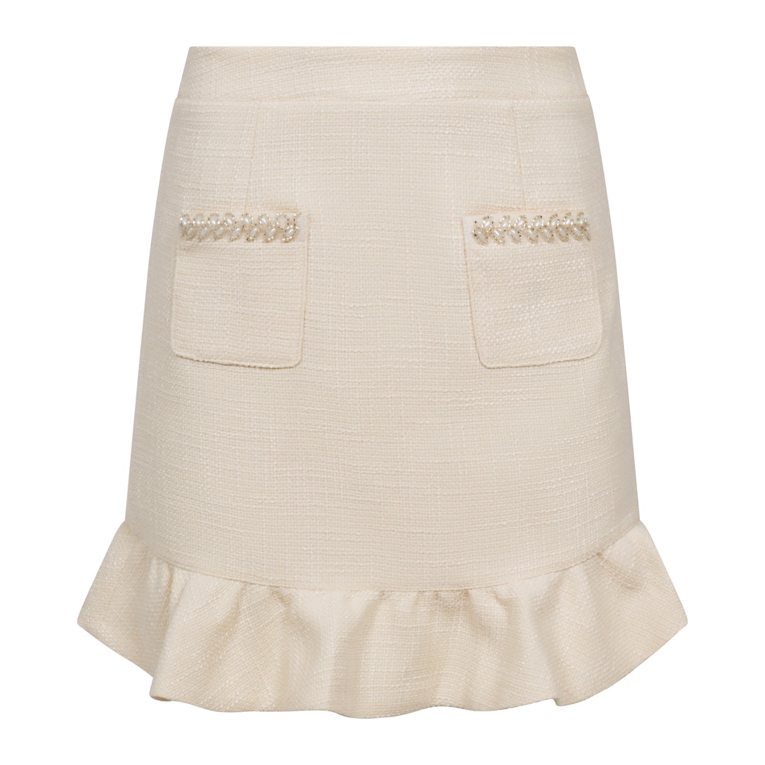 Ariana Cream Tweed Three - Piece Set with Cropped Jacket & Ruffle Skirt - TweedLaBelAriana Cream Tweed Three - Piece Set with Cropped Jacket & Ruffle Skirttweedjackettweed