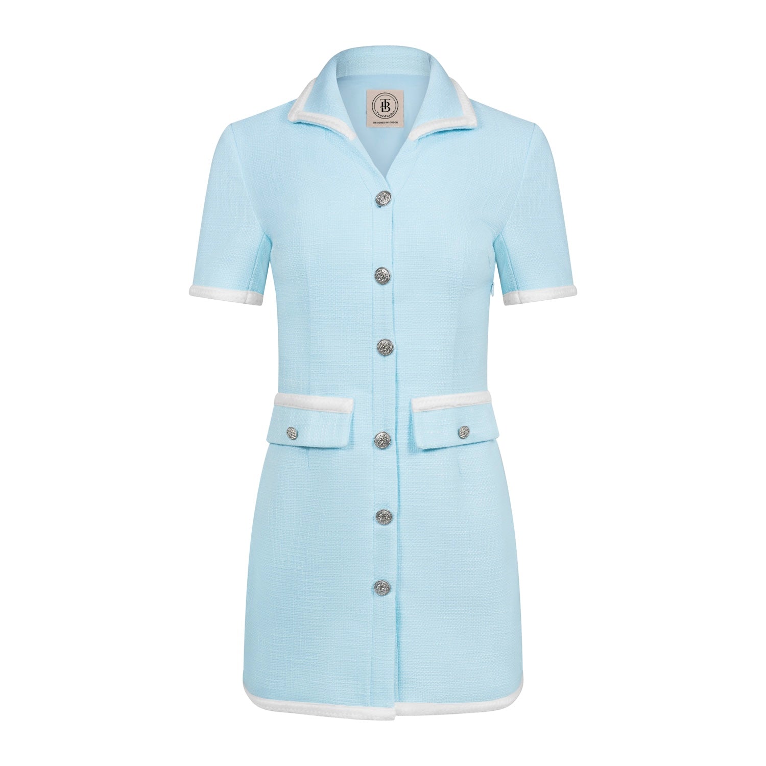 Colette Powder Blue Tweed Mini Dress with Silver Buttons - TweedLaBelColette Powder Blue Tweed Mini Dress with Silver Buttonstweedjackettweed